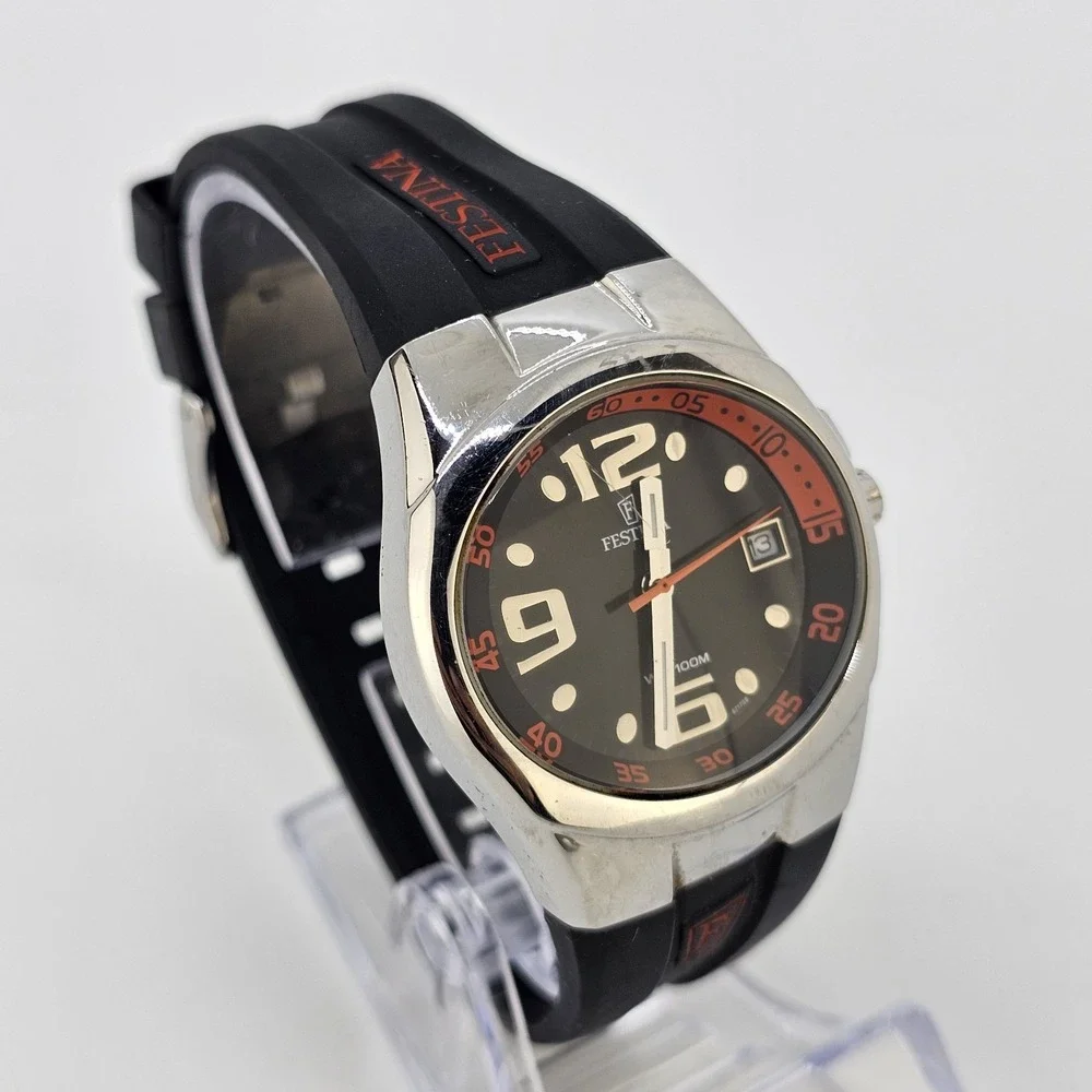 Festina Depose Men's Watch 38MM Black Dial Date Black Plastic Bands New Battery